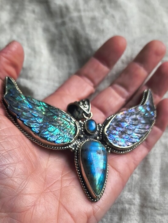 Artisan Jewelry - GORGEOUS Blue Labradorite And  Abalone  Angel Fairy Pendant Tibetan Silver